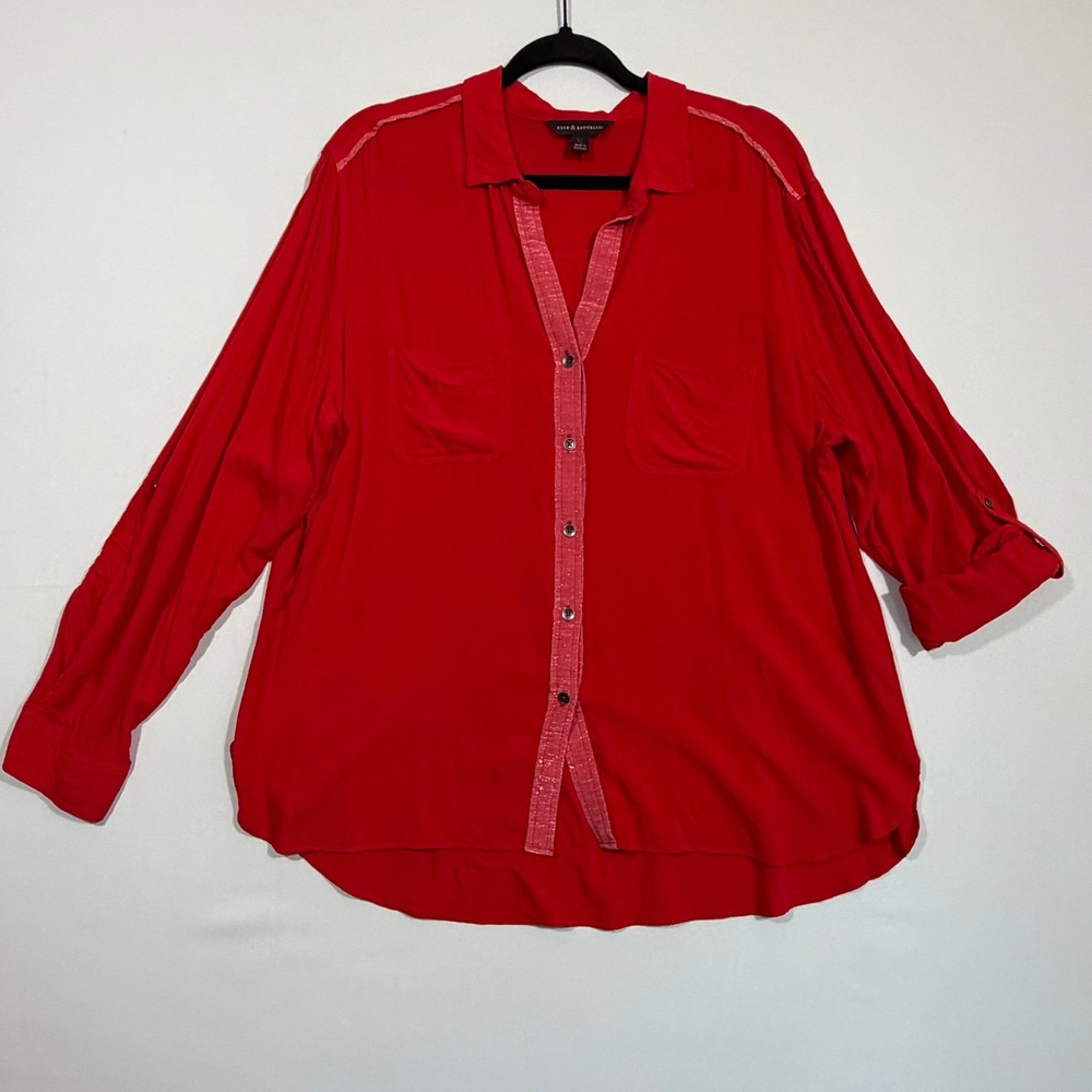 Rock Republic Womens XL Red Henley Blouse Lurex Glitter Trim Indie Grunge